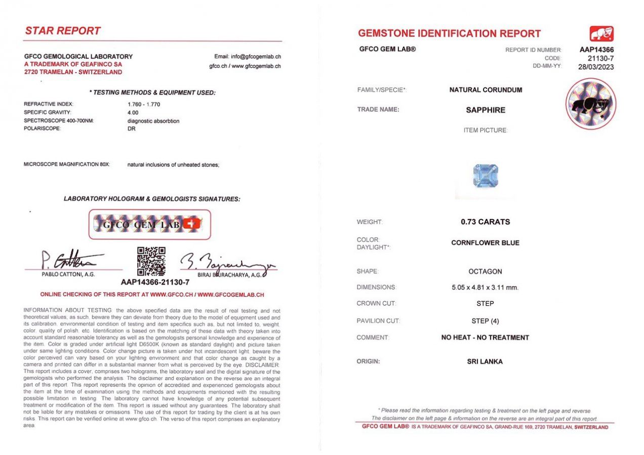 Сертификат Негретый сапфир в огранке кушон из Шри-Ланки 0,73 карат
