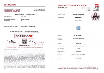 Сертификат Негретый сапфир в огранке октагон из Шри-Ланки 0,73 карат