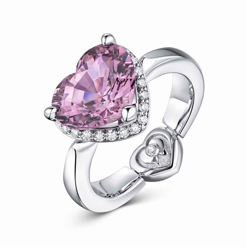 Кольцо с розовой шпинелью и бриллиантами в белом золоте 750 пробы Изображение №1