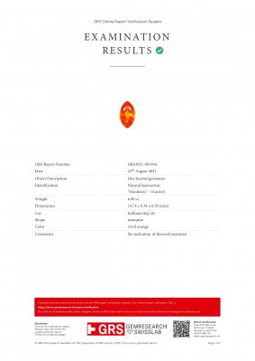 Сертификат Ярко-оранжевый спессартин в огранке маркиз 6,90 карата, Африка
