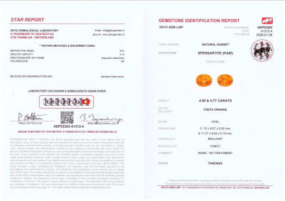 Сертификат Пара спессартинов Fanta в огранке овал 9,67 карат, Танзания