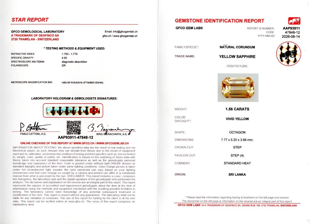 Ярко-желтый сапфир в огранке октагон 1,56 карат, Шри-Ланка Изображение №6