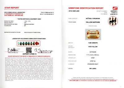 Сертификат Ярко-желтый сапфир в огранке октагон 1,56 карат, Шри-Ланка