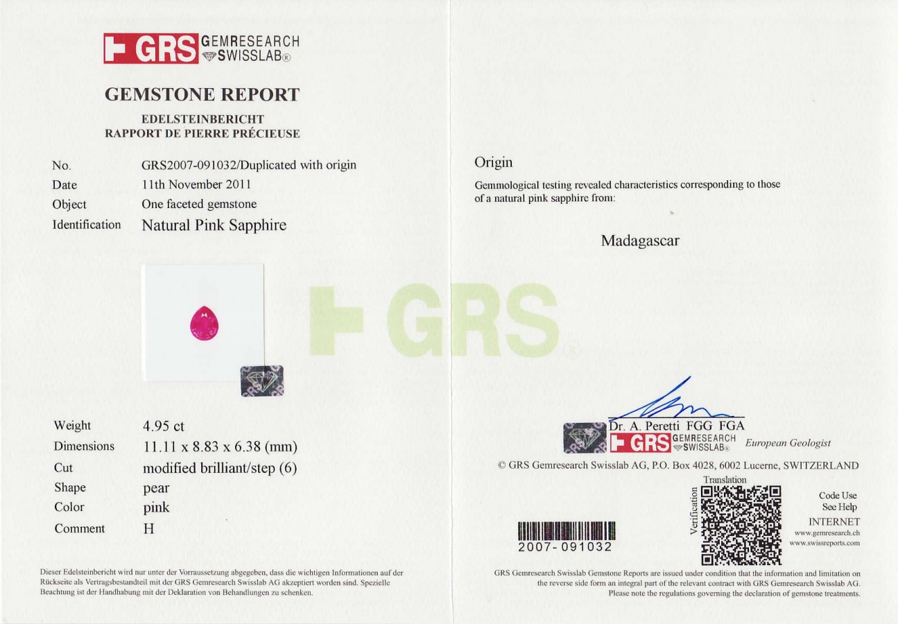 Сертификат Розовый сапфир груша 4,95 карат, Мадагаскар (GRS)