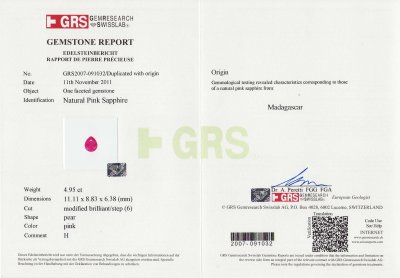 Сертификат Розовый сапфир груша 4,95 карат, Мадагаскар (GRS)