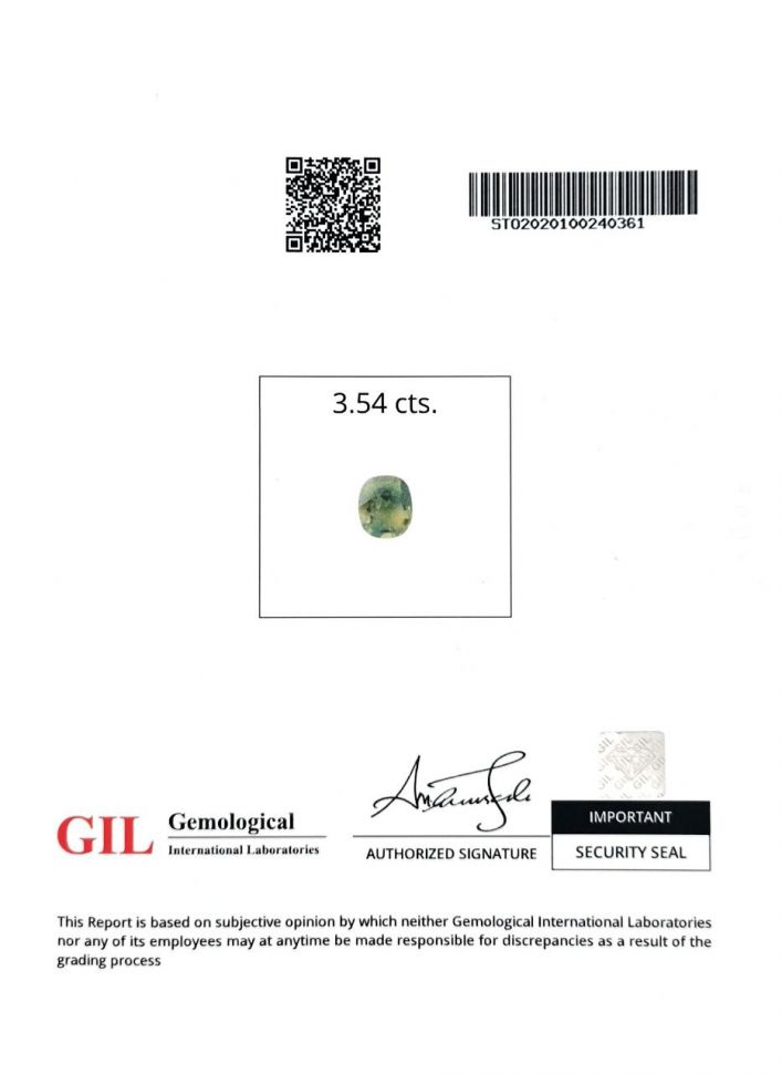 Сертификат Желтовато-зеленый сапфир 3,54 карата, Мадагаскар