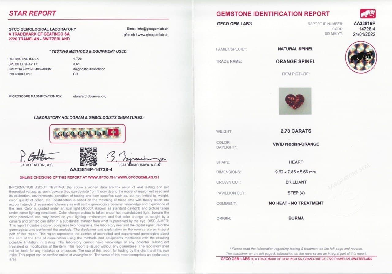 Сертификат Яркая красно-оранжевая шпинель в огранке сердце 2,78 карат, Бирма