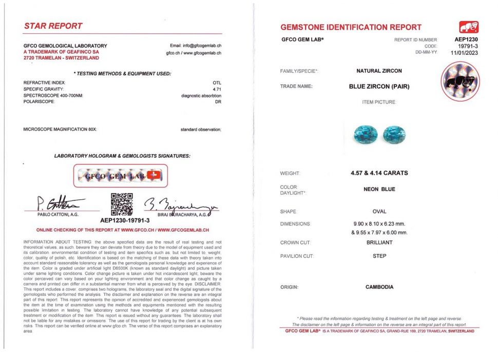 Сертификат Пара насыщенных голубых цирконов в огранке овал 8,71 карат