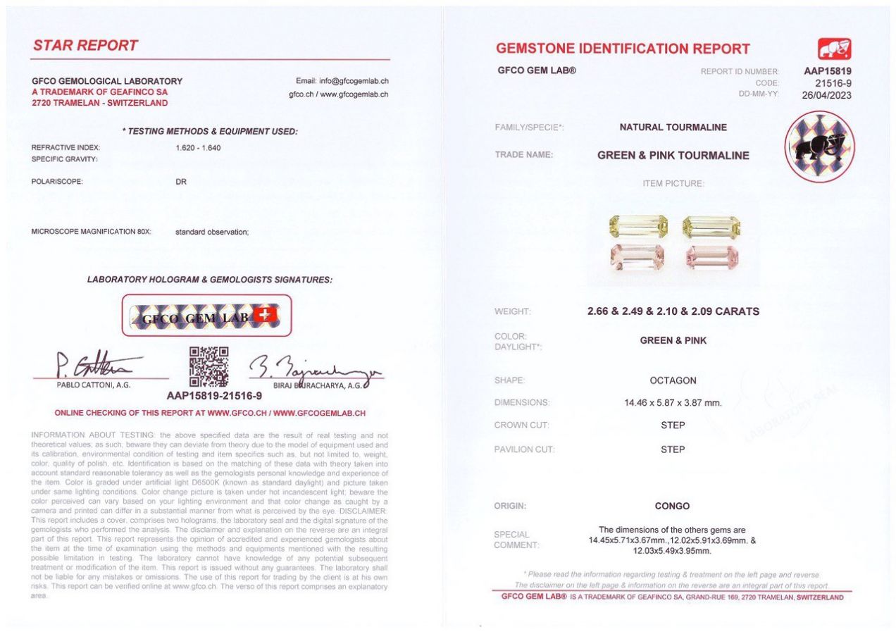 Сертификат Сет контрастных турмалинов  в огранке октагон 9,34 карат