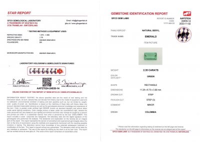 Сертификат Колумбийский изумруд в огранке багет 2,35 карат