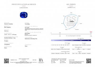 Сертификат Редкий инвестиционный сапфир цвета Royal Blue 56,62 карата в огранке кушон, Шри-Ланка 