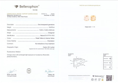 Сертификат Негретый сапфир Pastel Yellow в огранке октагон 13,07 карат, Шри-Ланка