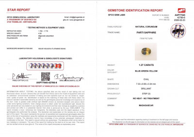 Сертификат Негретый сапфир Bi-color в огранке овал 1,27 карат, Мадагаскар