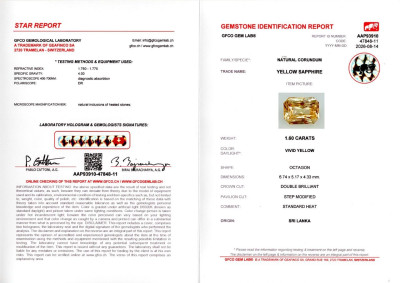 Сертификат Ярко-желтый сапфир в огранке радиант 1,60 карат, Шри-Ланка