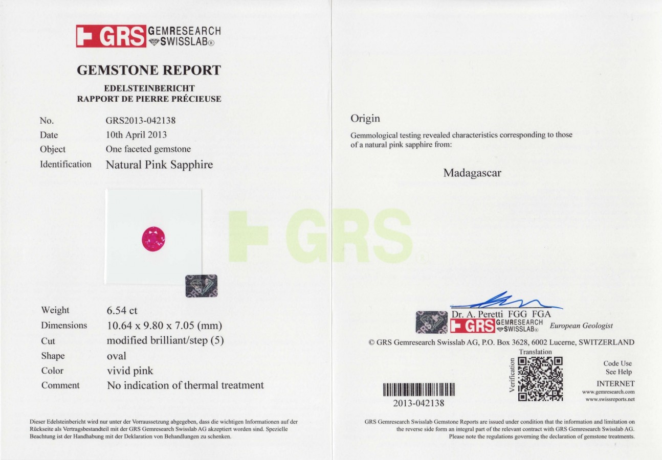 Сертификат Розовый негретый сапфир 6,54 карата, Мадагаскар (GRS)