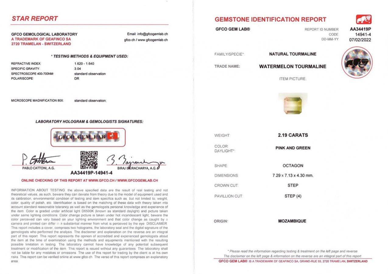 Сертификат Арбузный турмалин в огранке октагон 2,19 карат