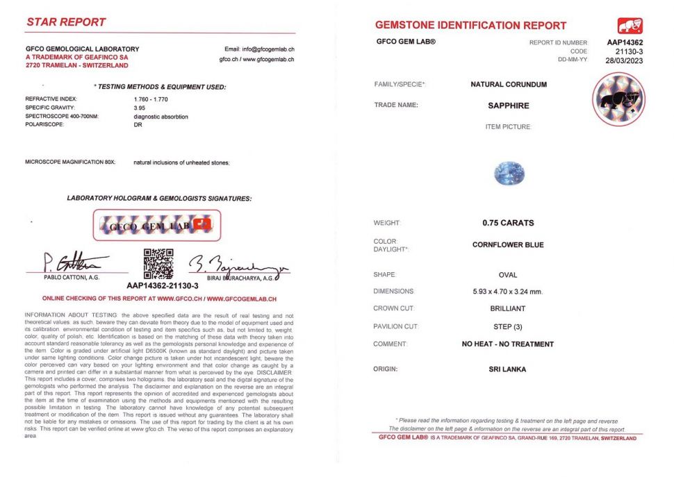 Сертификат Васильковый голубой негретый сапфир 0,75 карат, Шри-Ланка