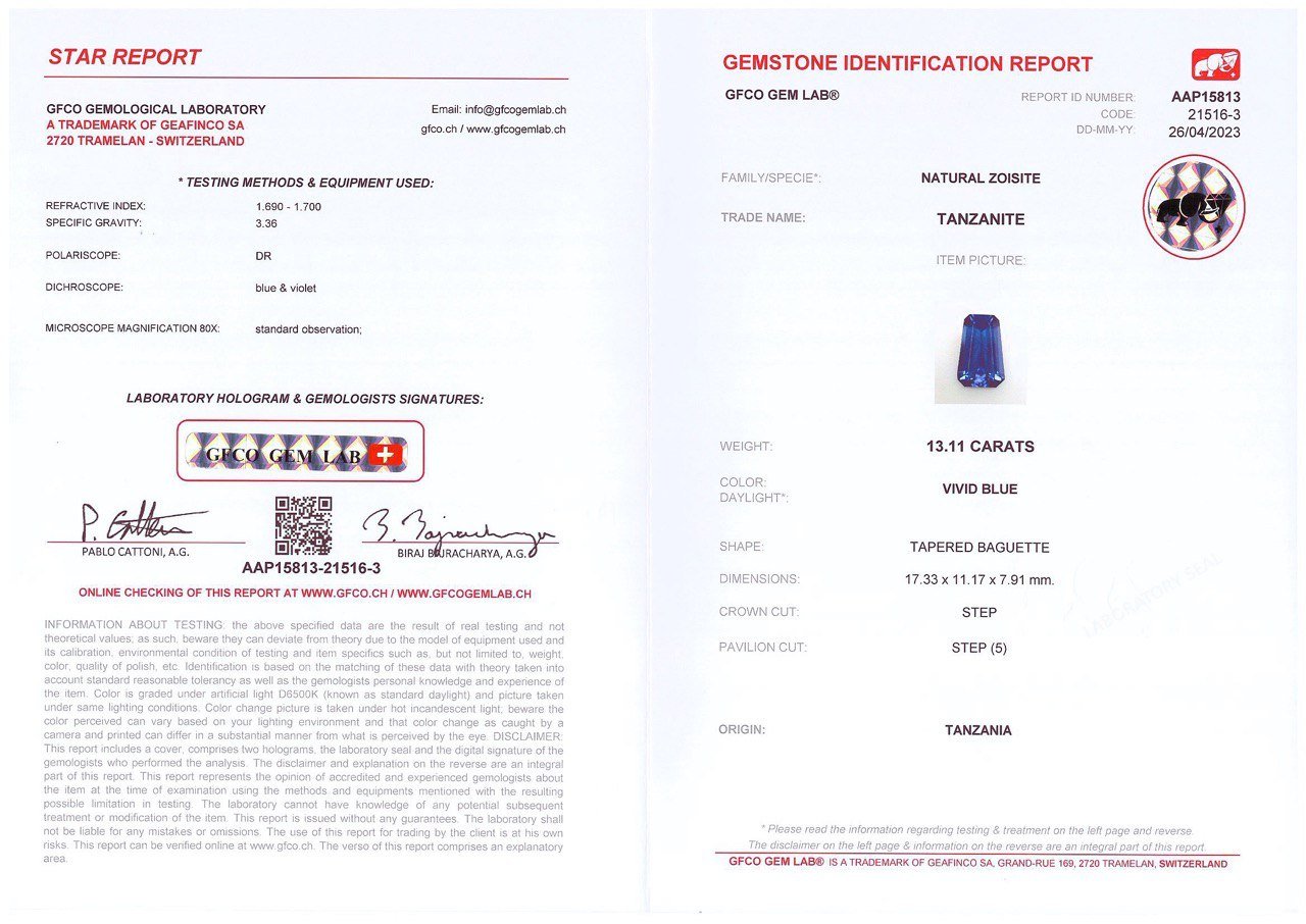 Крупный танзанит цвета Royal blue в огранке трапеция 13,11 карат Изображение №4