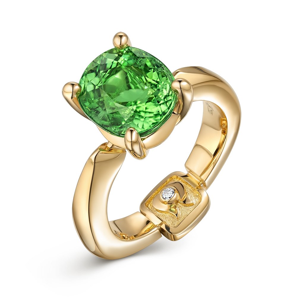 Кольцо с неоново-зеленым турмалином Параиба в желтом золоте 750 пробы Изображение №1