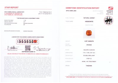 Сертификат Гранат гессонит в огранке кушон 2,97 карата, Танзания