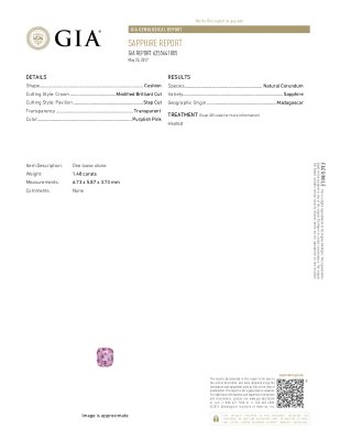 Сертификат Розовый сапфир в огранке кушон 1,48 карата, Мадагаскар GIA, ICA