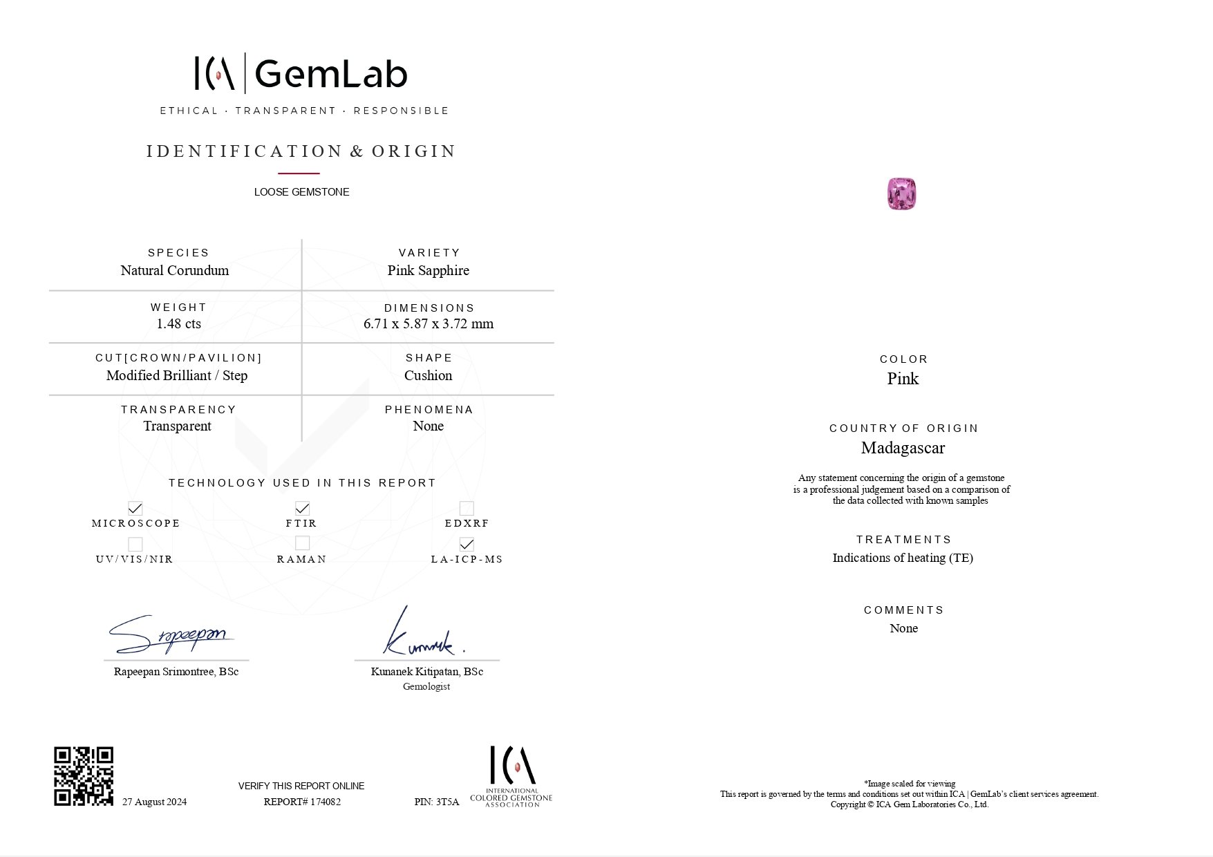 Розовый сапфир в огранке кушон 1,48 карата, Мадагаскар GIA, ICA Изображение №7