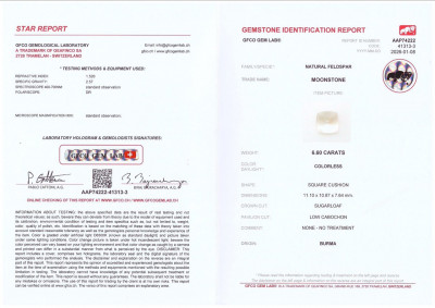 Сертификат Лунный камень в огранке кабошон 6,60 карат, Бирма