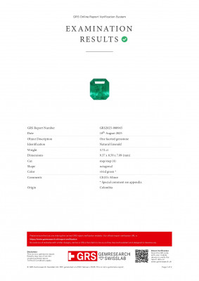 Сертификат Пара изумрудов Muzo Vivid Green в огранке октагон 7,08 карат, Колумбия 