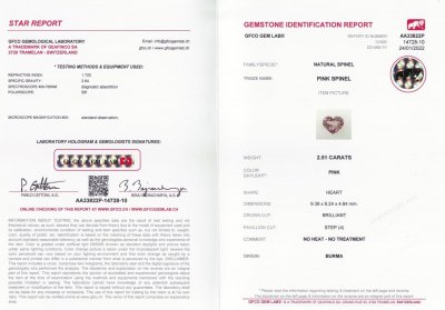 Сертификат Розовая шпинель в огранке сердце 2,51 карата, Бирма