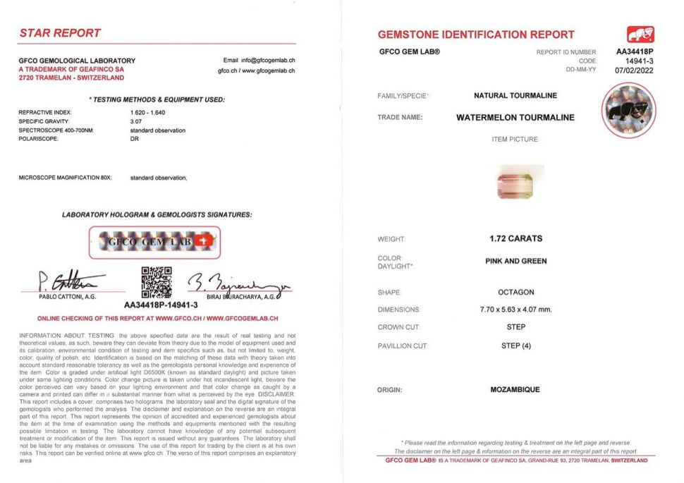 Сертификат Полихромный турмалин в огранке октагон 1,72 карата, Мозамбик