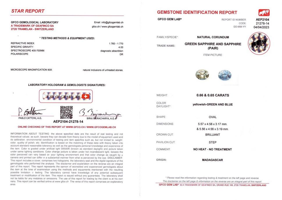 Сертификат Контрастная пара зеленого и голубого сапфиров 1,31 карат