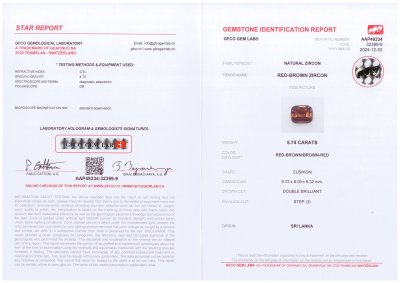Сертификат Красно-коричневый циркон в огранке кушон 5,74 карата, Шри-Ланка 