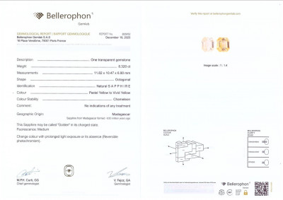 Сертификат Негретый сапфир Vivid Yellow в огранке октагон 8,32 карат, Мадагаскар