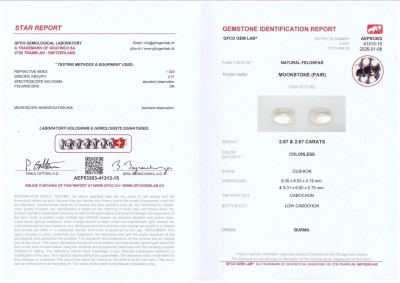 Сертификат Пара лунных камней в огранке кабошон 5,34 карат, Бирма