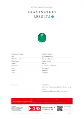 Сертификат Vivid Green изумруд Марипоза - эффект крыла бабочки в огранке октагон 5,67 карат, Колумбия