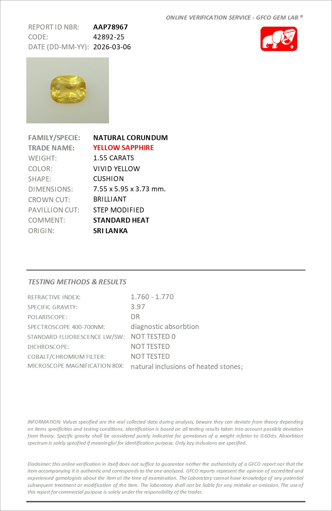 Сапфир Vivid Yellow в огранке кушон 1,55 карат, Шри-Ланка Изображение №6