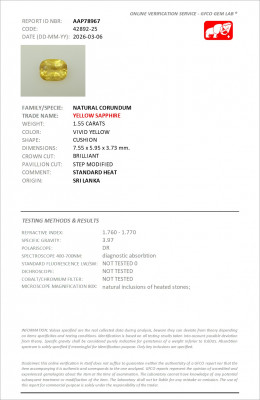 Сертификат Сапфир Vivid Yellow в огранке кушон 1,55 карат, Шри-Ланка