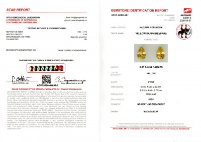 Сертификат Пара негретый желтых сапфиров в огранке груша 1,17, Мадагаскар