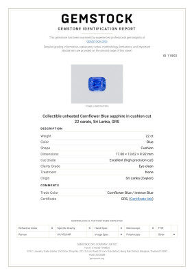 Сертификат Коллекционный негретый сапфир Cornflower Blue в огранке кушон 22 карат, Шри-Ланка