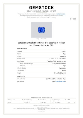 Сертификат Коллекционный негретый сапфир Cornflower Blue в огранке кушон 22 карат, Шри-Ланка