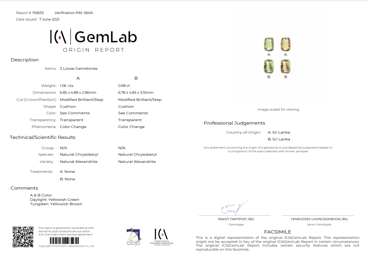 Сертификат Комплект ювелирных хризобериллов 4,05 карат, Шри-Ланка