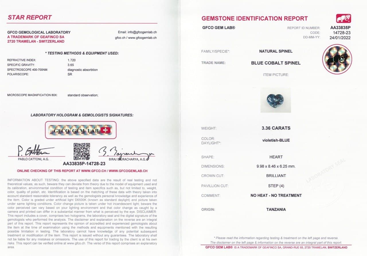 Сертификат Голубая шпинель в огранке сердце 3,36 карат, Танзания