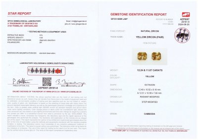 Сертификат Крупная пара желтых цирконов в огранке радиант 23,87 карата, Камбоджа