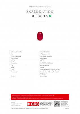 Сертификат Рубин Pigeon's Blood в огранке кушон 5,04 карата, Мозамбик, GRS, SSEF