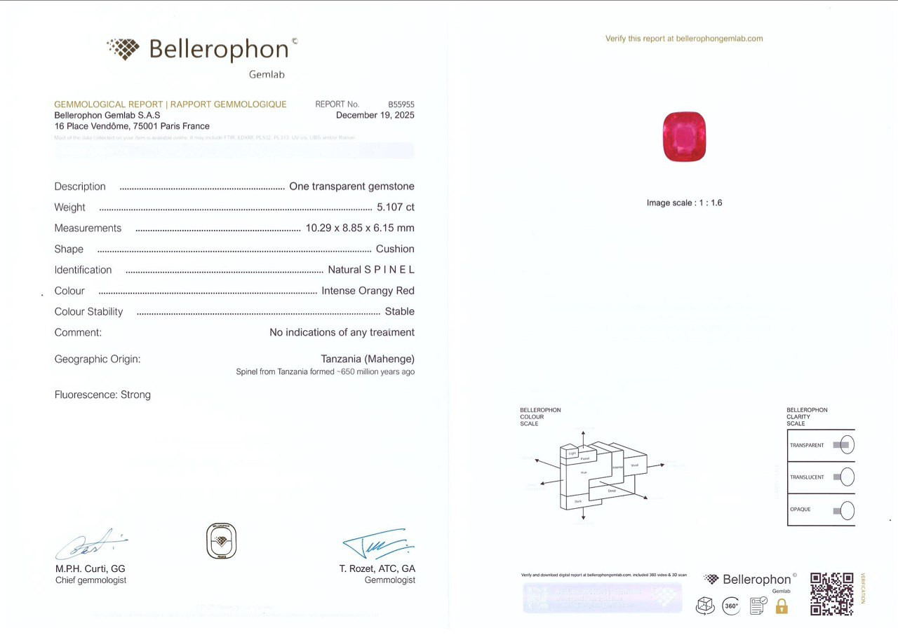 Насыщенная оранжево-красная шпинель Махенге в огранке кушон 5,11 карат, Танзания Изображение №6