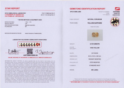 Сертификат Сапфир Vivid Yellow в огранке радиант 2,15 карат, Шри-Ланка