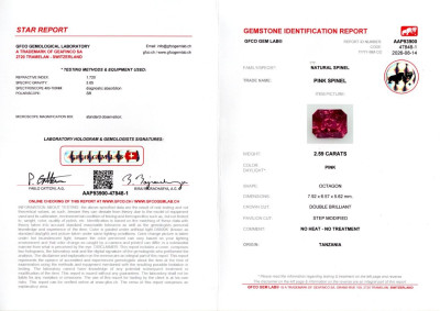 Сертификат Розовая шпинель в огранке радиант 2,59 карат, Танзания