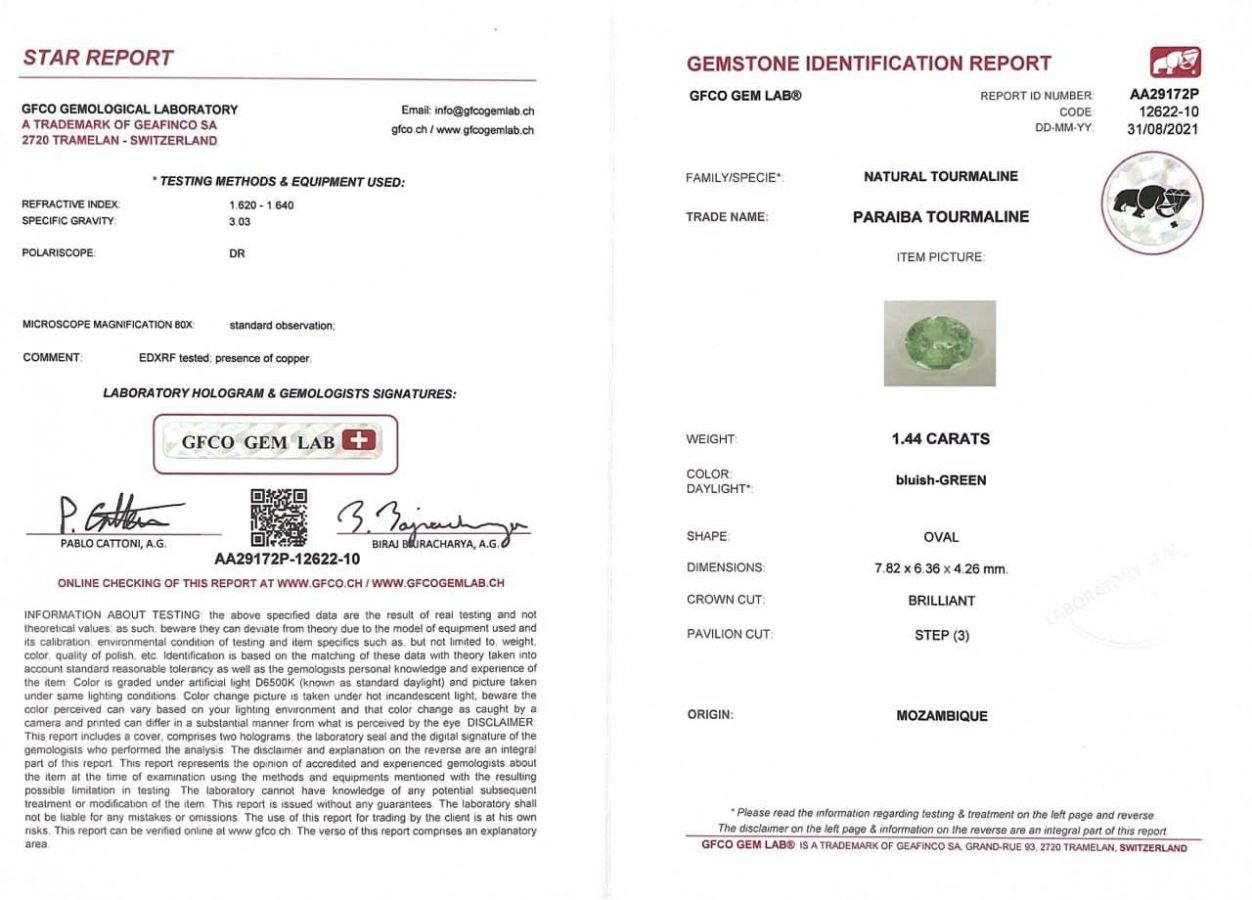 Сертификат Голубовато-зеленый турмалин Параиба в огранке овал 1,44, Мозамбик