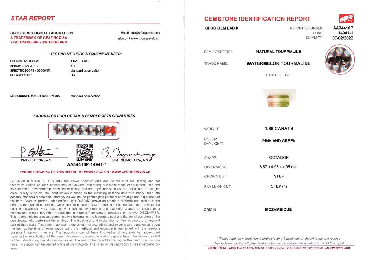 Сертификат Арбузный турмалин в изумрудной огранке 1,65 карат, Мозамбик