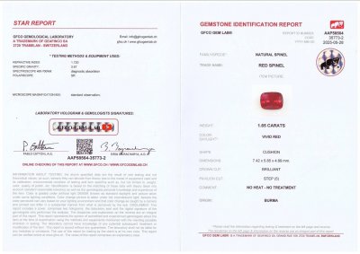 Сертификат Яркая красно-розовая шпинель в огранке кушон 1,65 карат, Бирма